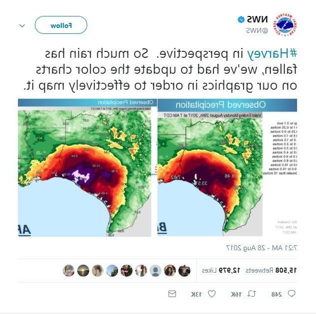 Tweet from the National Weather Service showing Hurricane Harvey rainfall maps